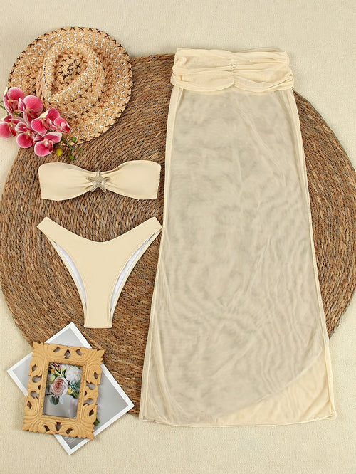 2025 New Spring Summer Sexy Bikini Sun Suit Three Pieces, Pentagram Decorative Buckle White Bikini Sun Suit Sexy Three Pieces
