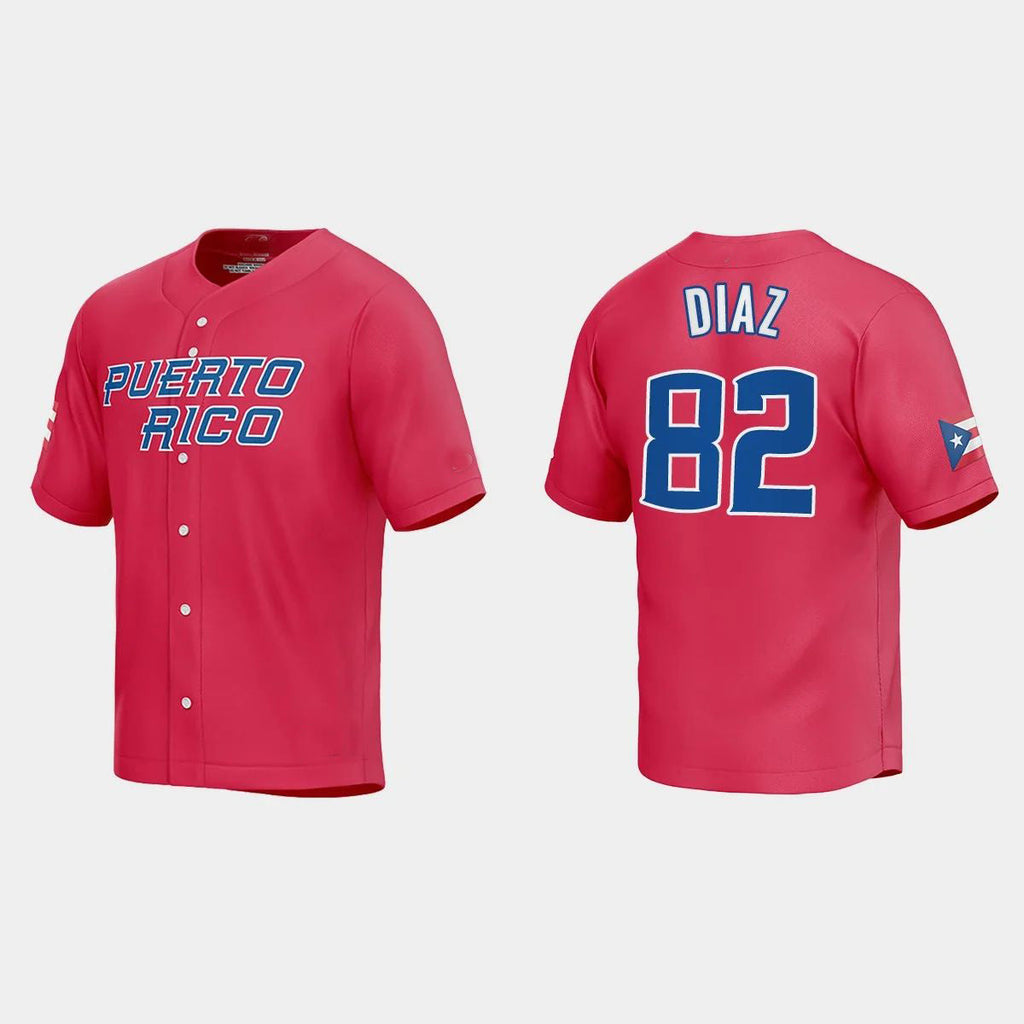 #82 EDWIN DIAZ PUERTO RICO BASEBALL 2023 WORLD BASEBALL CLASSIC JERSEYC RED. Stitches Baseball Jerseys