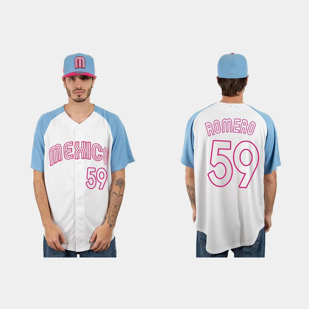 #59 JOJO ROMERO MEXICO BASEBALL 2023 WORLD BASEBALL CLASSIC JERSEYC WHITE BLUE Stitches Baseball Jerseys