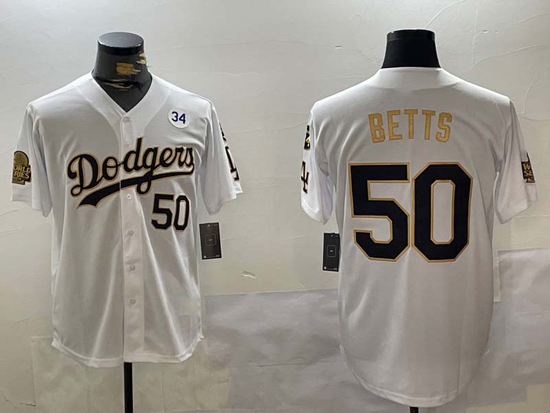 Los Angeles Dodgers #50 Mookie Betts White Gold 2024 World Series With Fernando Memorial Patch Limited Stitched Baseball Jersey